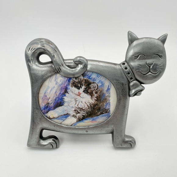 Other - Vintage‎ Pewter Cat Photo Frame Tabletop Display with Bell and Kitten Picture